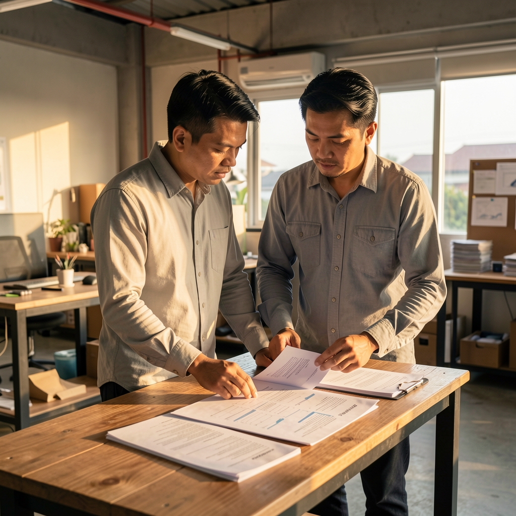 Man standing in an open workspace in Jakarta reviewing printed research documents on a wooden table in warm afternoon light
