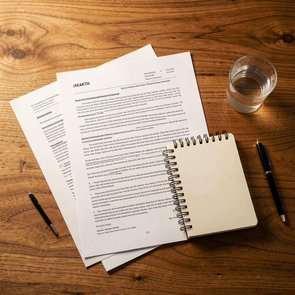 Warm editorial overhead shot of a Jakarta workspace with printed research papers, a notebook, and a glass of water on a teak desk under studio lighting