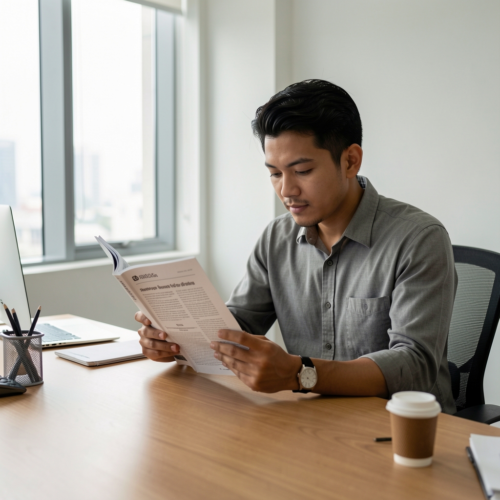 Man reading a printed research journal at a wooden desk in a clean Jakarta office space with filtered natural light and minimal accessories