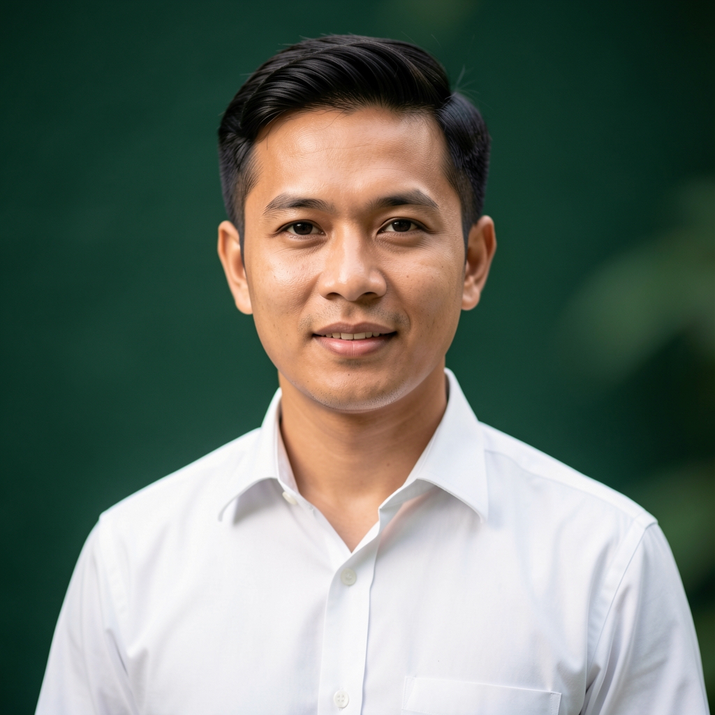 Professional portrait of a male wellness researcher in his mid-thirties in a clean white shirt against a dark green background in a Jakarta studio