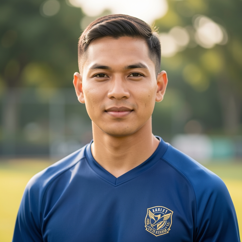 Professional portrait of a male sport science specialist in his late twenties with short hair in a well-lit editorial studio in Jakarta