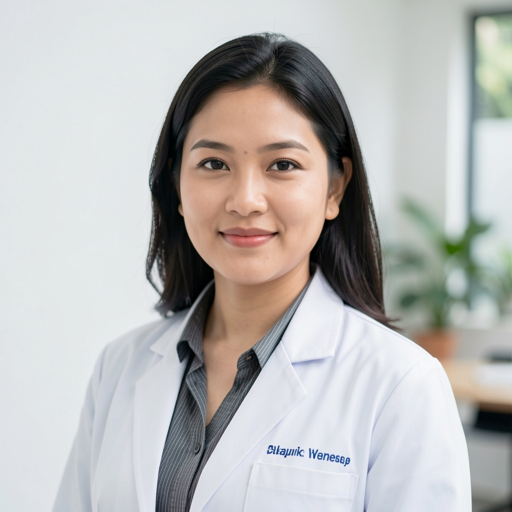 Professional portrait of a female nutritionist in a clean lab coat against a white wall in a modern Jakarta wellness consultancy space