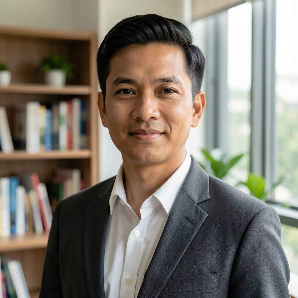 Professional portrait of a male sleep and cognitive performance researcher in his early forties in a calm Jakarta office with books and natural light
