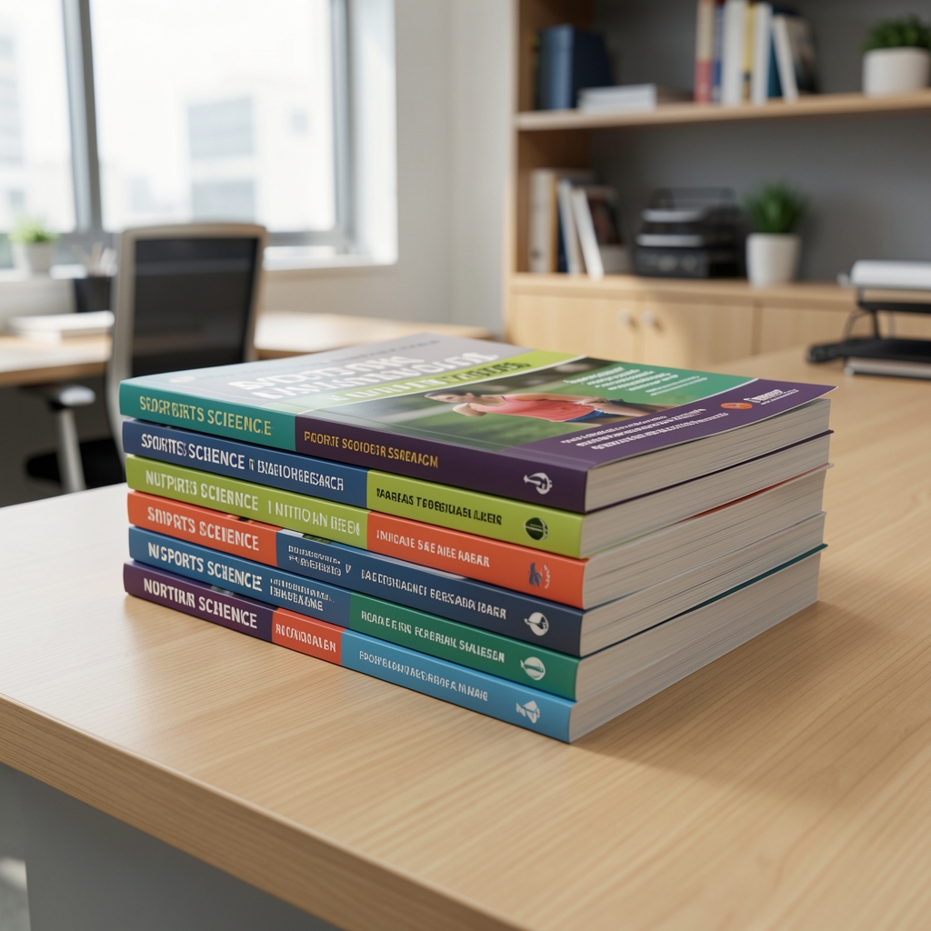 Stack of sports science and nutrition research journals on a clean wooden surface in a well-organised Jakarta editorial office under controlled lighting