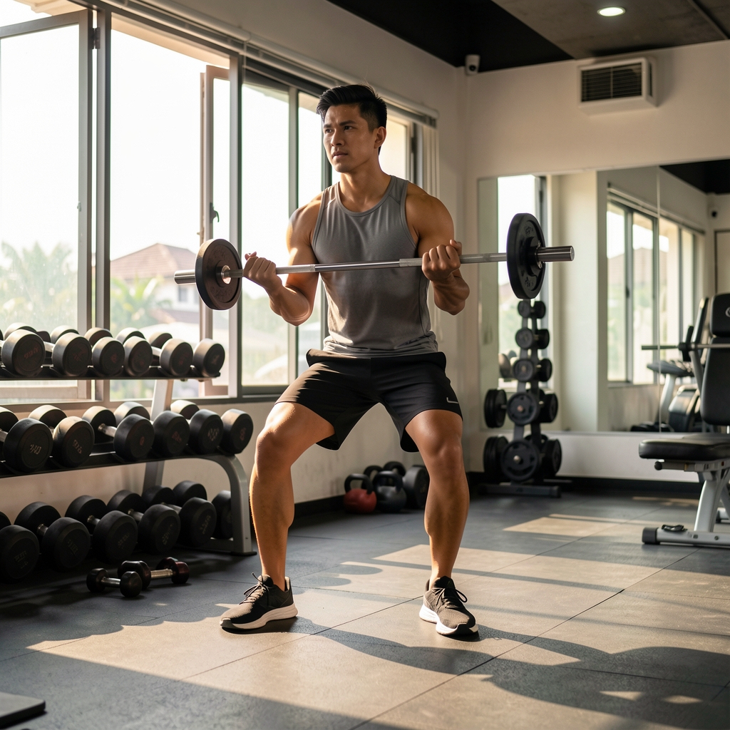 Active man in athletic wear performing a morning workout routine in a sunlit Jakarta gym with weights and open windows