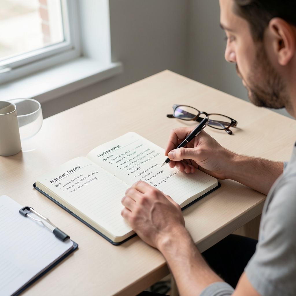 Close-up of a man reviewing his morning routine journal and nutrition notes on a clean desk with minimal gear in natural light