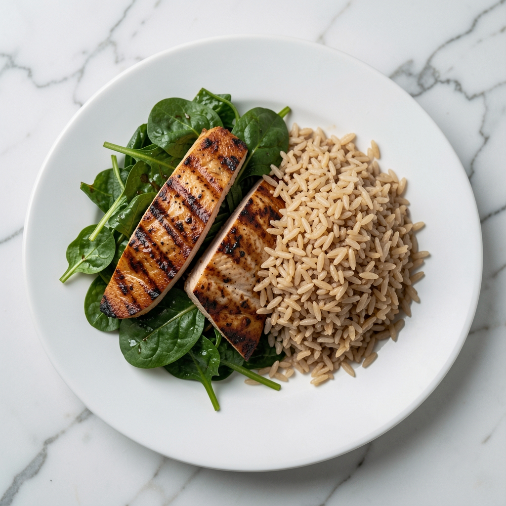 Freshly prepared whole-food meal with grilled protein, leafy greens, and brown rice on a white ceramic plate on a marble surface
