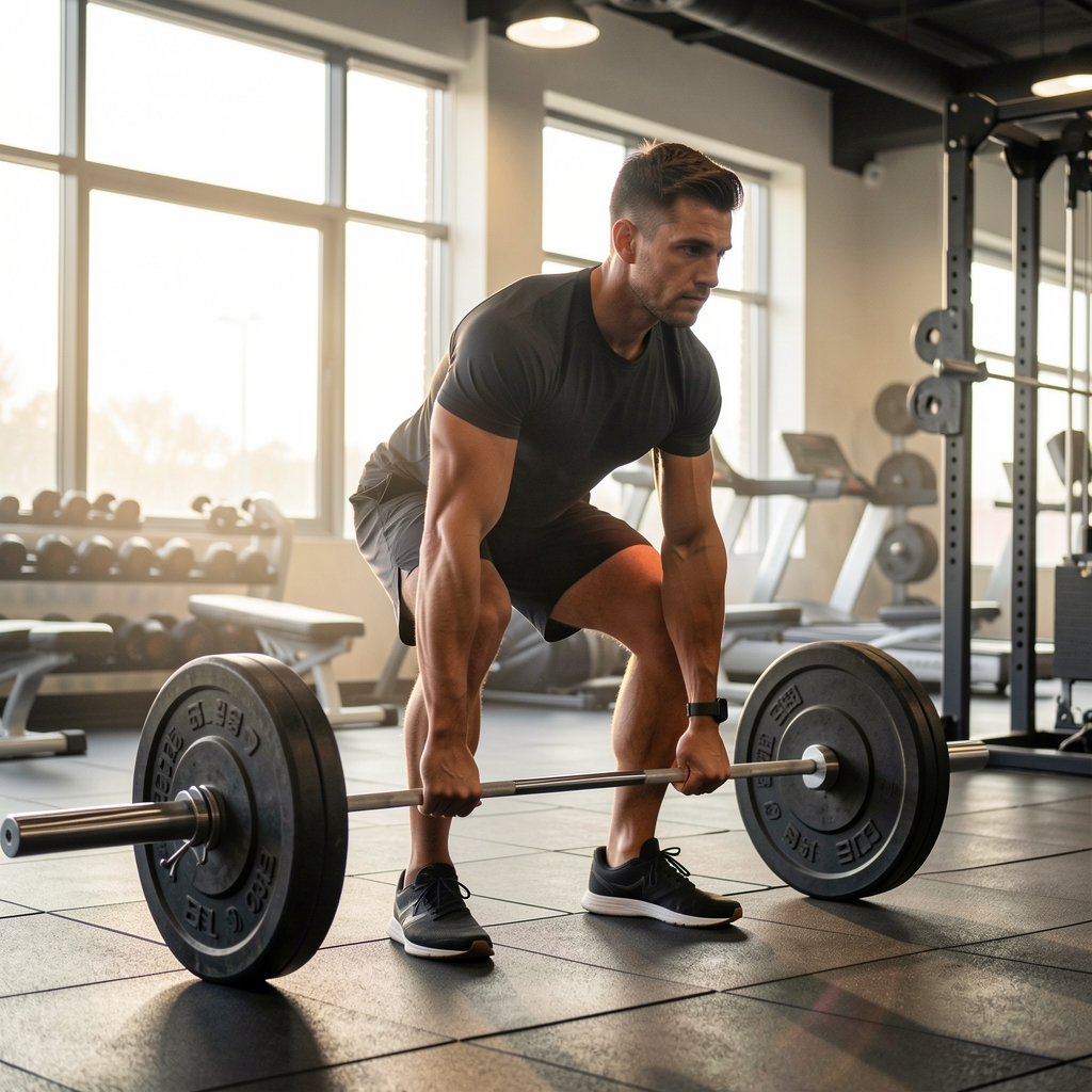 Man performing barbell deadlift in a well-lit gym with good posture and athletic clothing in the early morning