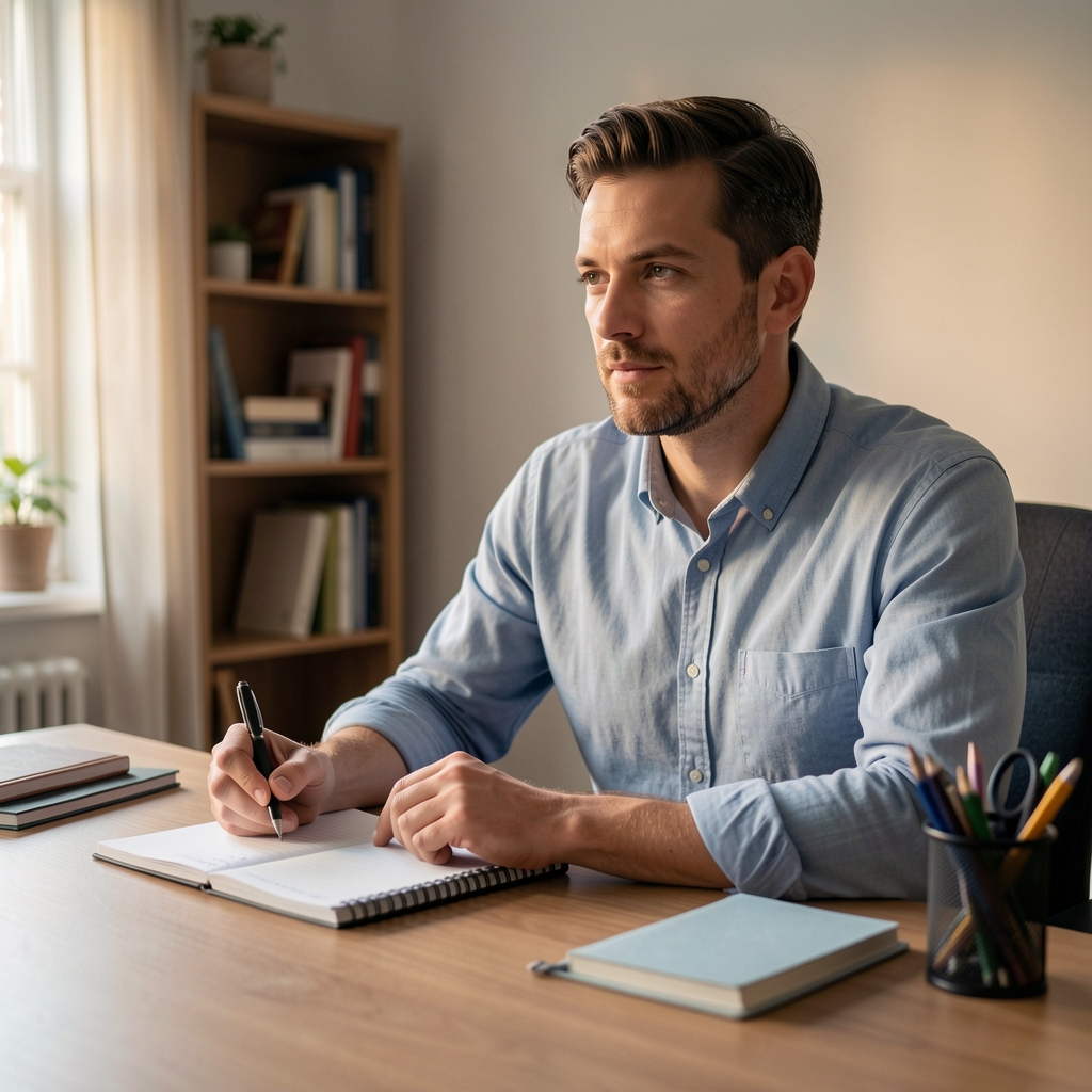 Man sitting at a calm desk with a notebook and pen in an organised workspace during an evening wind-down routine