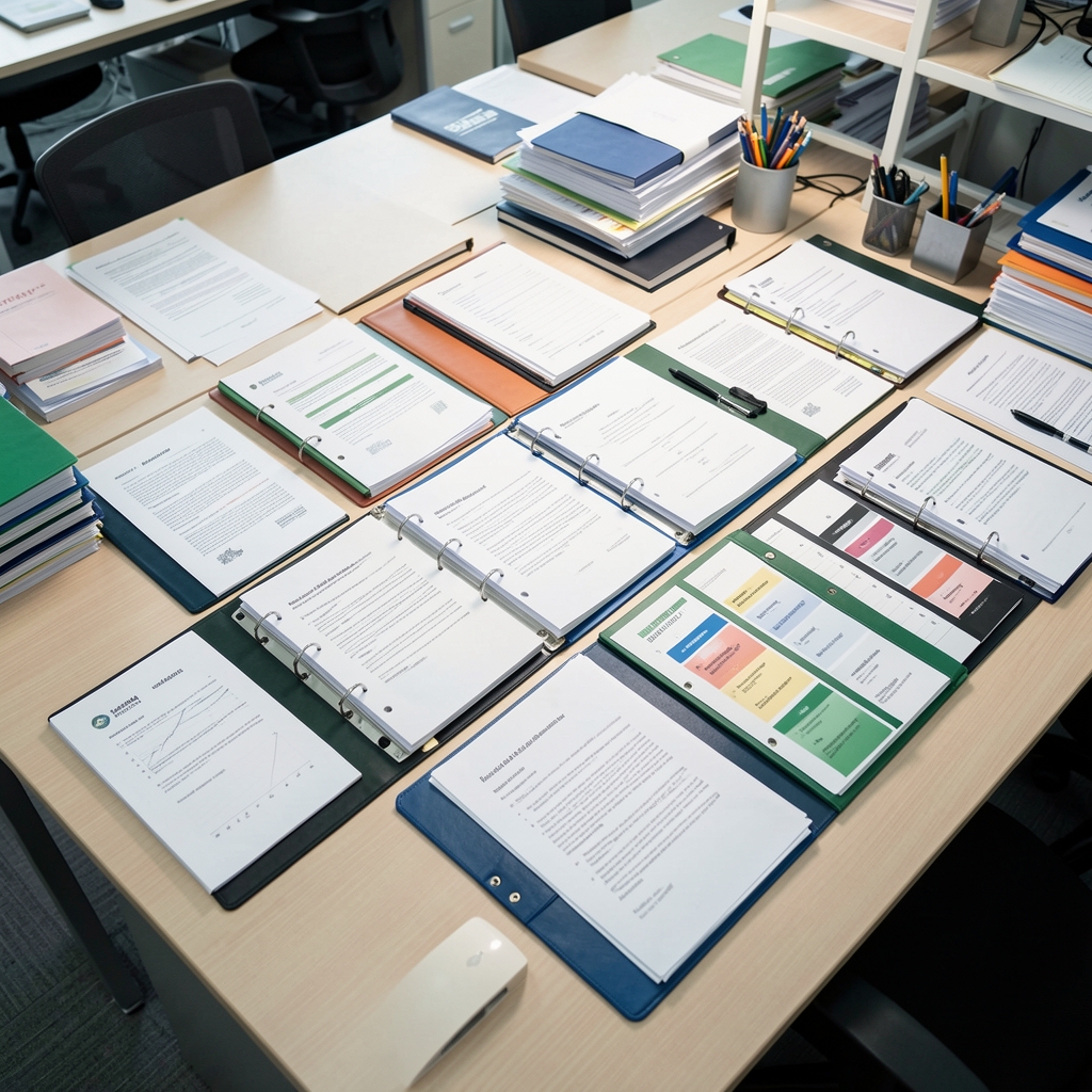 Research documents and indexed reference binders laid out on a large desk in a Jakarta editorial office, viewed from above, under bright studio lighting
