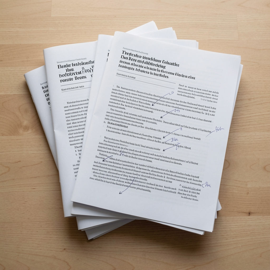 Stack of printed research journal articles with handwritten annotation marks on a clean wooden surface, viewed from above in a quiet editorial office
