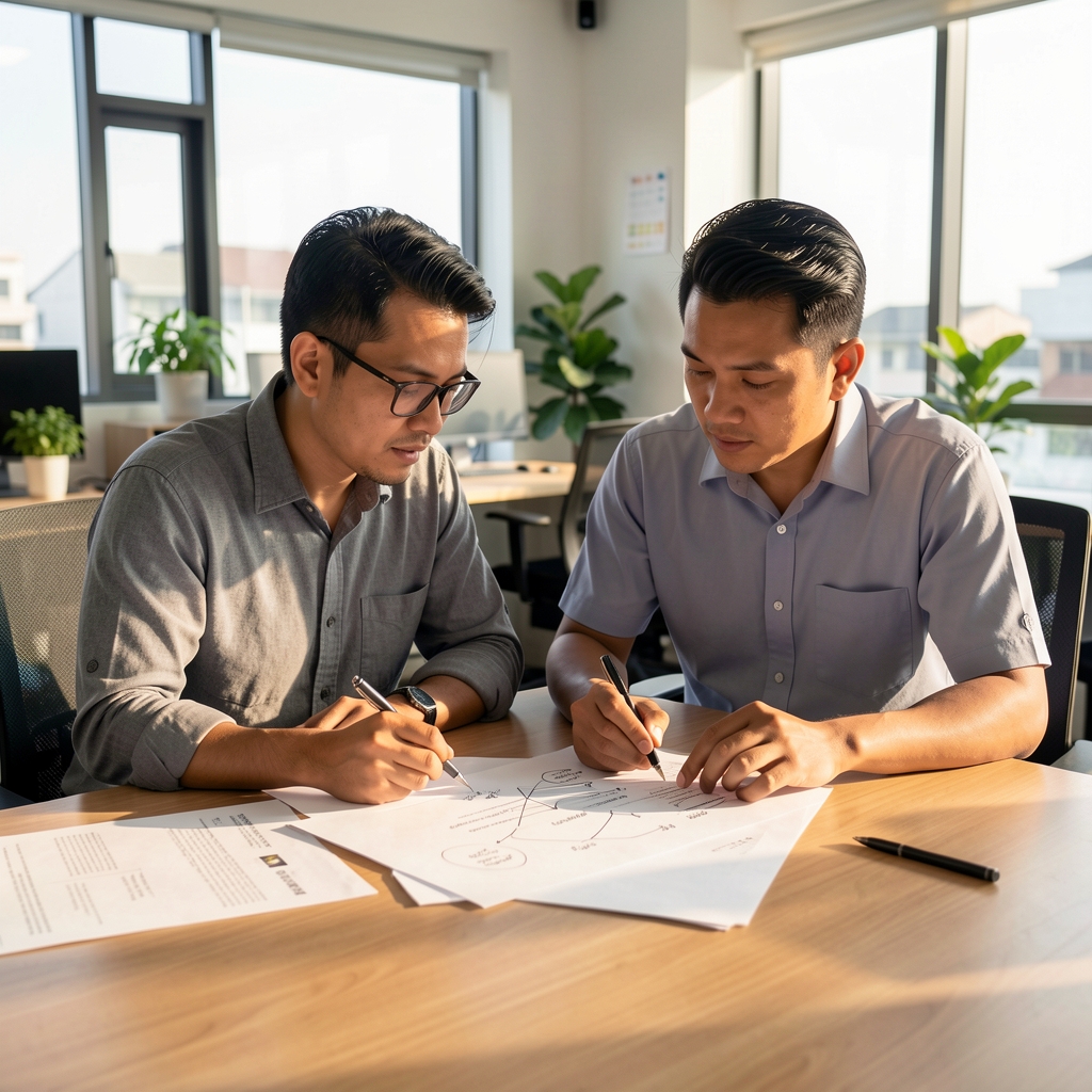 Two men reviewing printed documents together at a large table in a Jakarta workspace, discussing annotations on a reference sheet in focused afternoon light