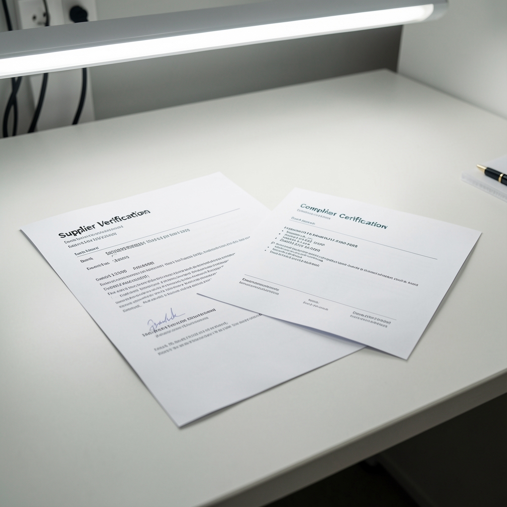 Printed supplier verification documents with batch codes and composition certificates laid on a clean workspace table under bright overhead lighting