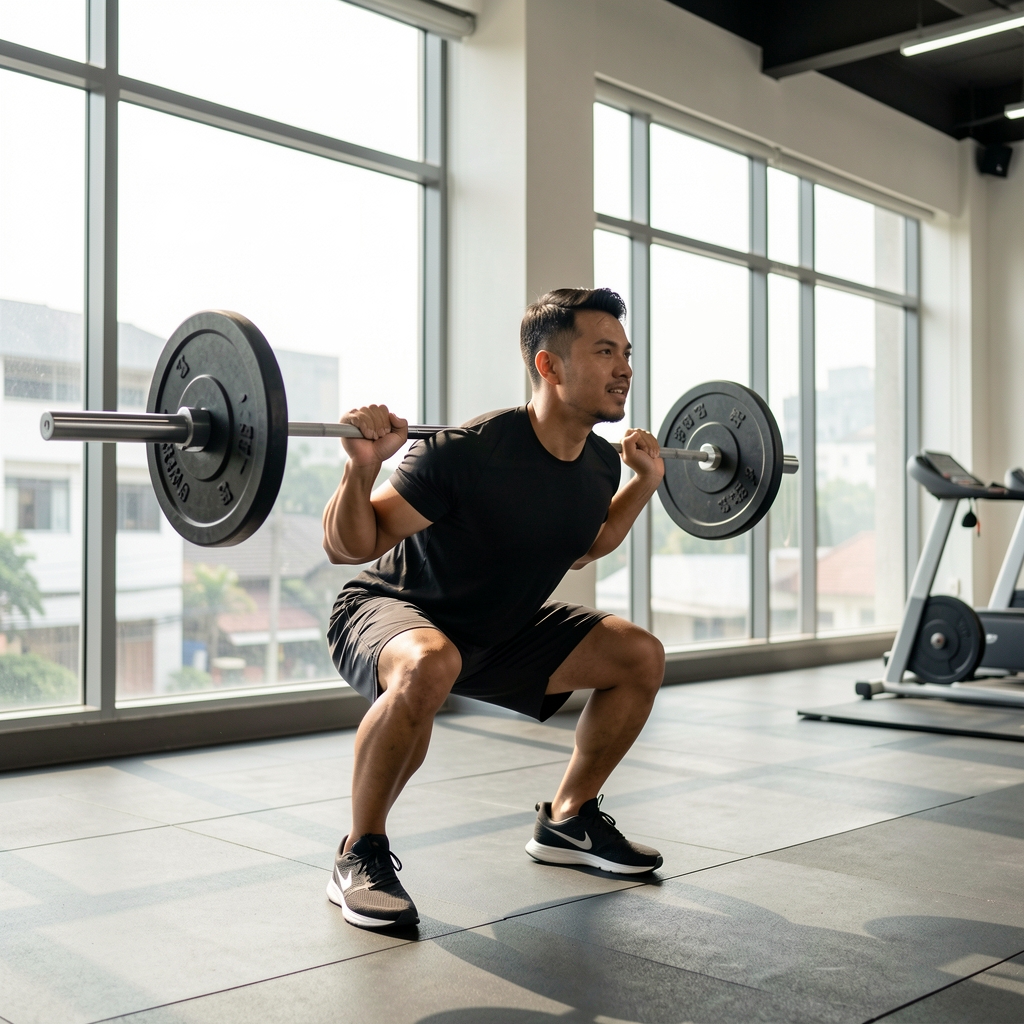 Man performing barbell back squat in a clean Jakarta gym with large windows, natural morning light, and minimal equipment visible