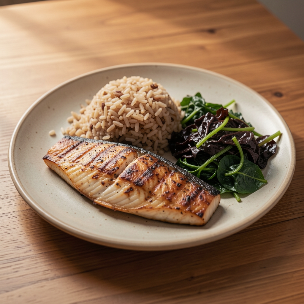 Neatly arranged balanced meal with grilled fish, brown rice, and dark leafy greens on a ceramic plate set on a wooden table in warm indoor light