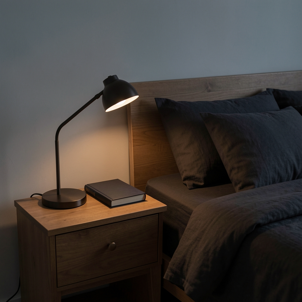 Minimal bedroom setup with dark linen, a single reading lamp, and a closed journal on the nightstand — low ambient light, evening atmosphere
