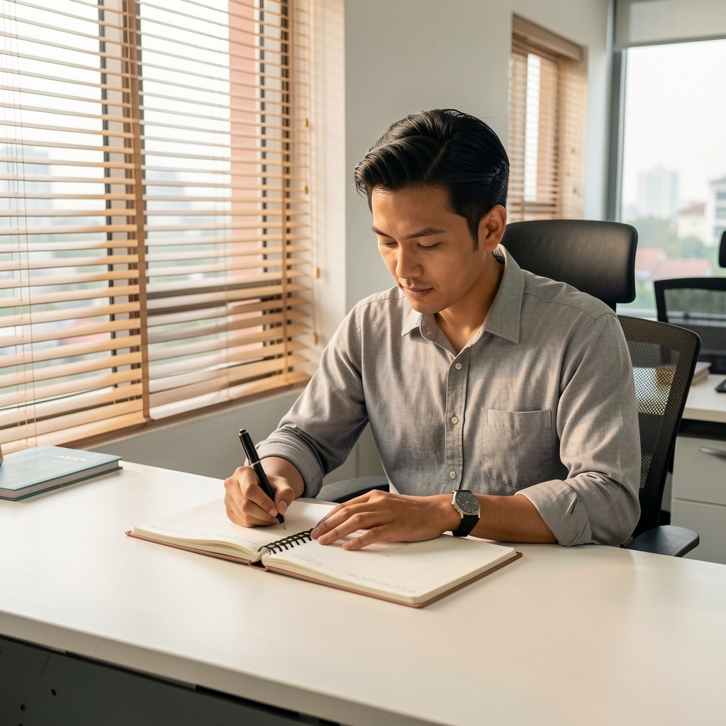 Man sitting at a clean desk in a quiet Jakarta office environment, writing in a structured daily journal, morning light coming through open blinds