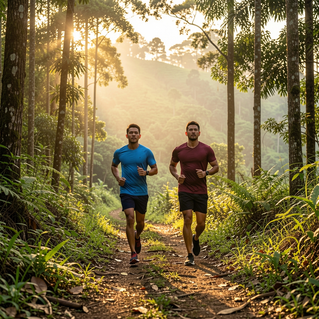 Two men trail running on a forest path in a green hillside area outside Jakarta, early morning golden light filtering through trees
