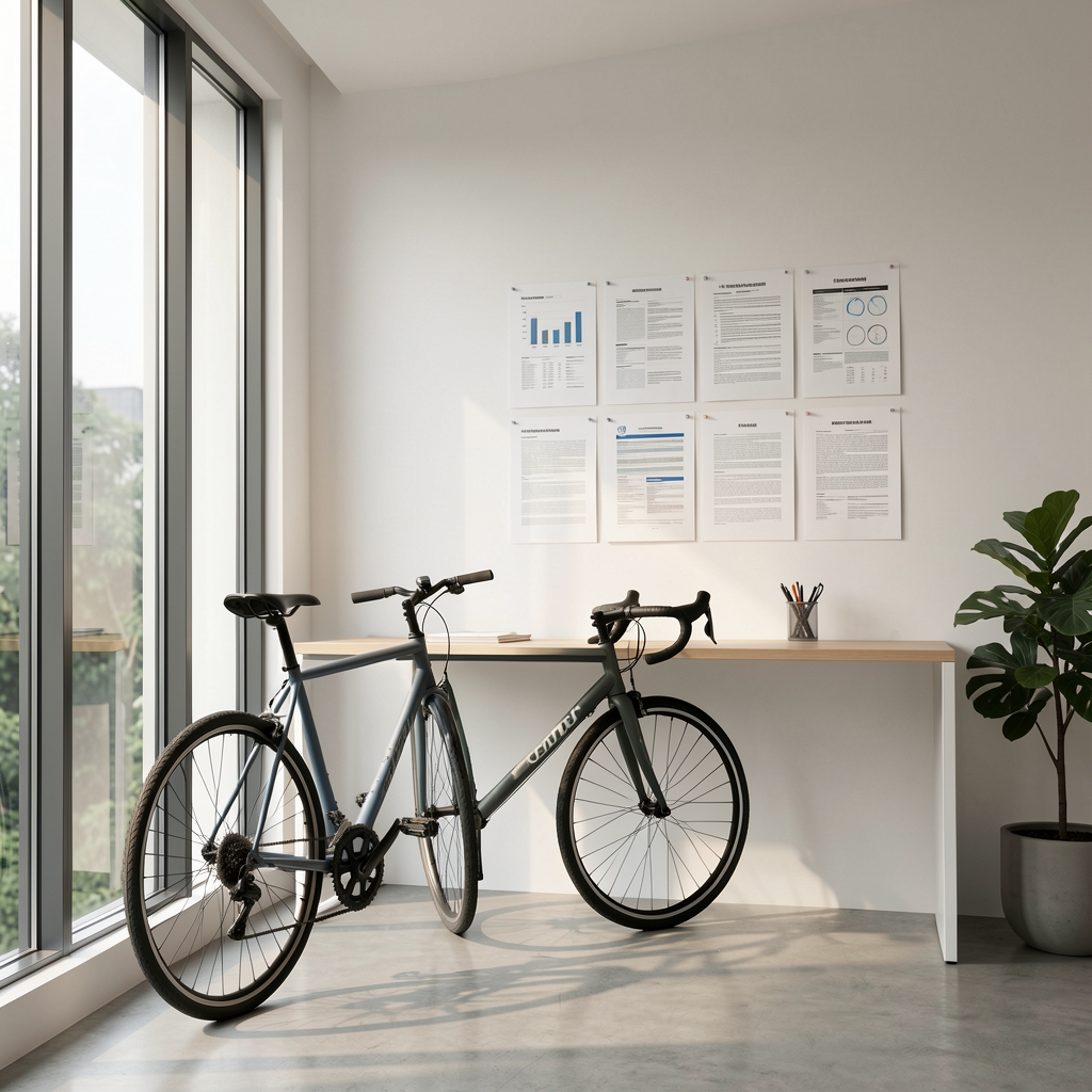 Clean minimal editorial workspace in Jakarta with a bicycle parked inside, printed research documents on the wall, and natural light from tall windows